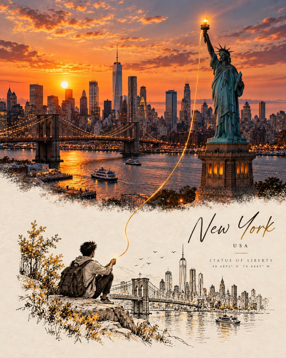 基于[地标 / 城市 / 国家],创作一幅精致的概念旅行艺术海报,灵感来自于一张真实照片无缝过渡为细腻手绘插画的视觉叙事方式。, 图片 2