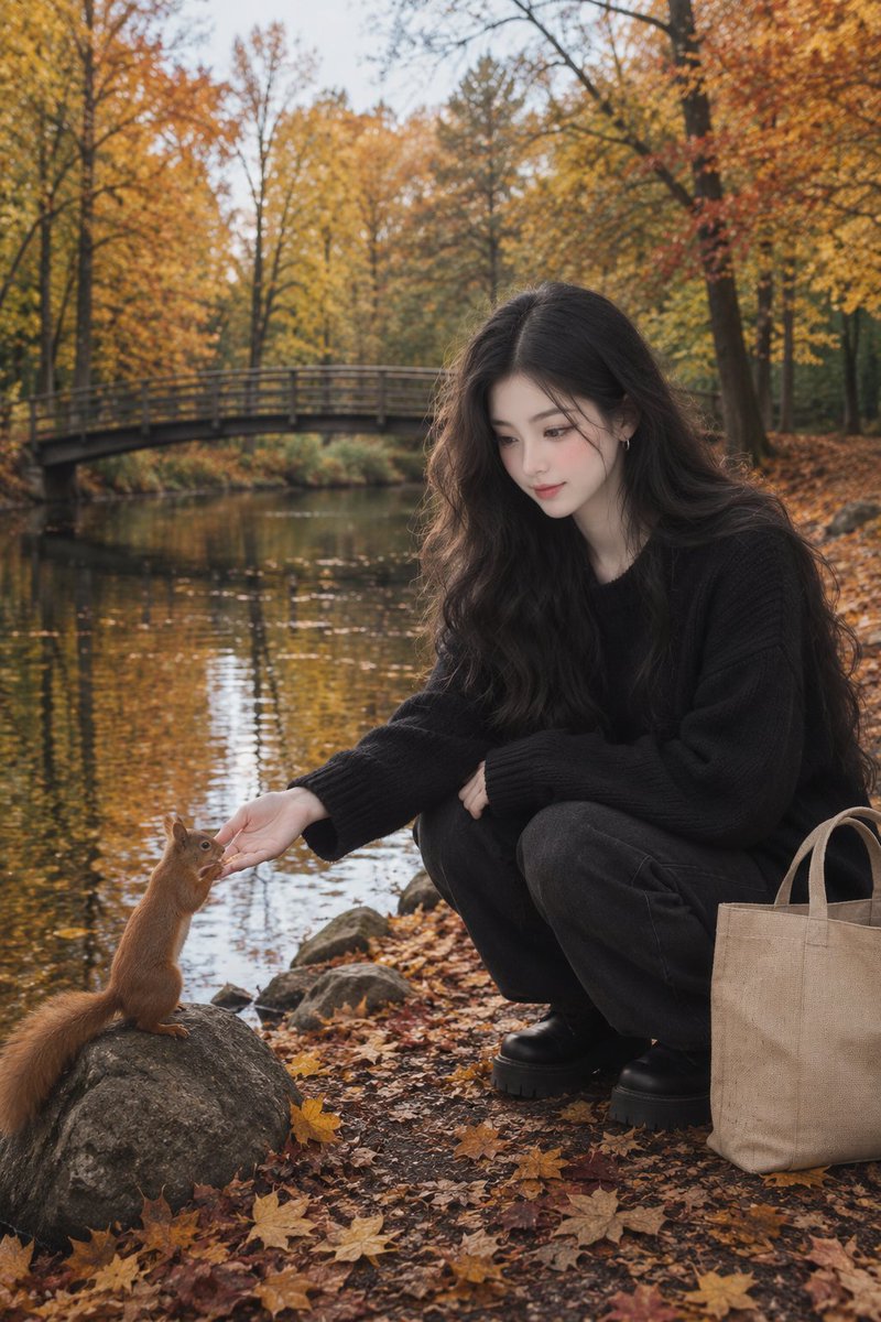 创作一张高度逼真、写实风格的秋季湖边人像肖像,画中是来自面部参考图像的同一位女孩,保留她确切的面部特征、脸型、眼睛、鼻子、嘴唇、肤色和自然表情…, 图片 1