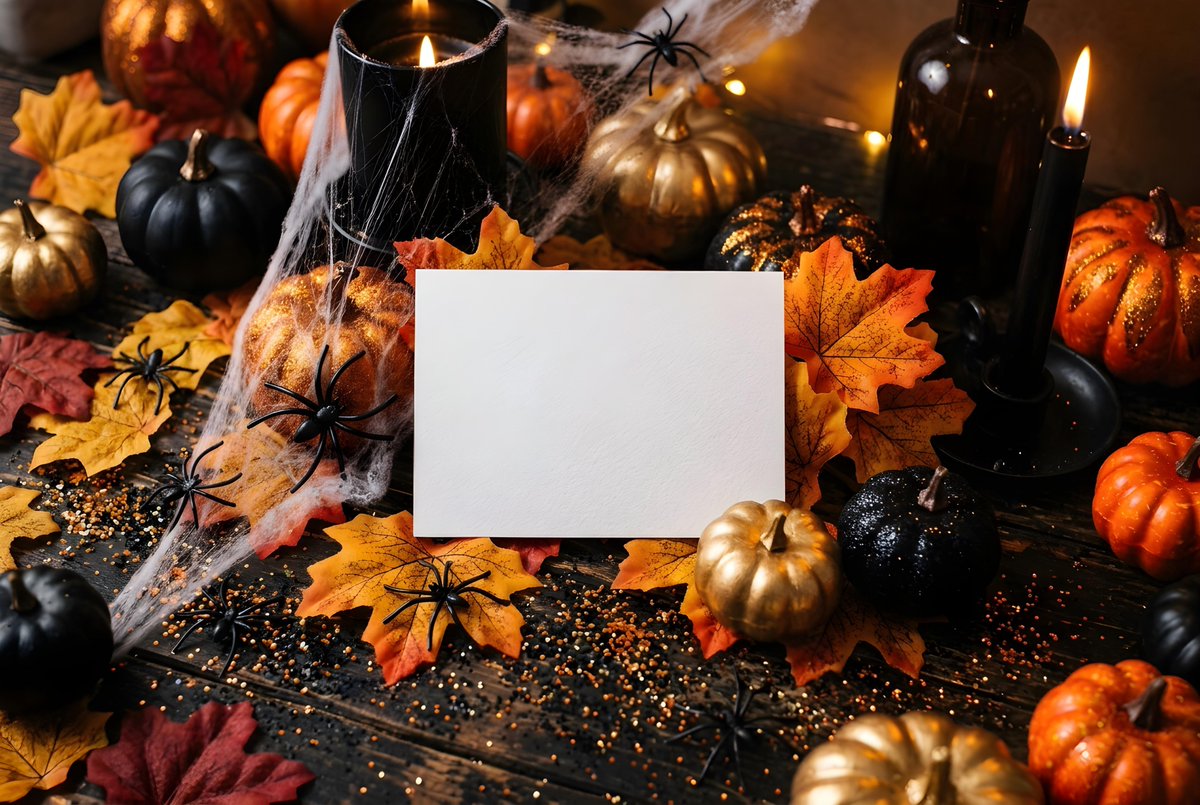 A blank white card is placed on a dark surface decorated with Halloween-themed …