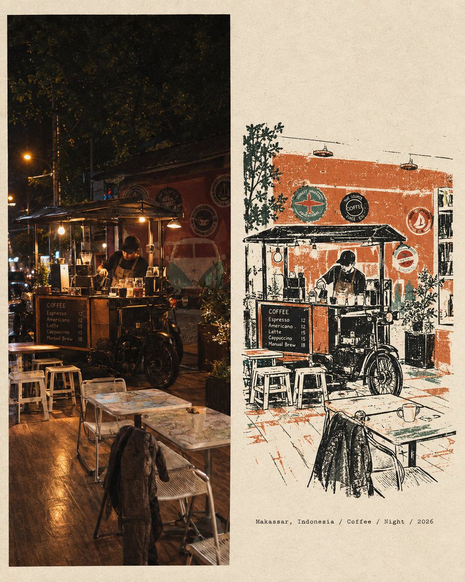 基于参考图像，创作一组具有整体感的编辑级旅行日志双联画：左侧为一张纪实风格的抓拍照片，呈现夜间印尼望加锡（Makassar）一家小型独立咖啡馆…, 图片 1