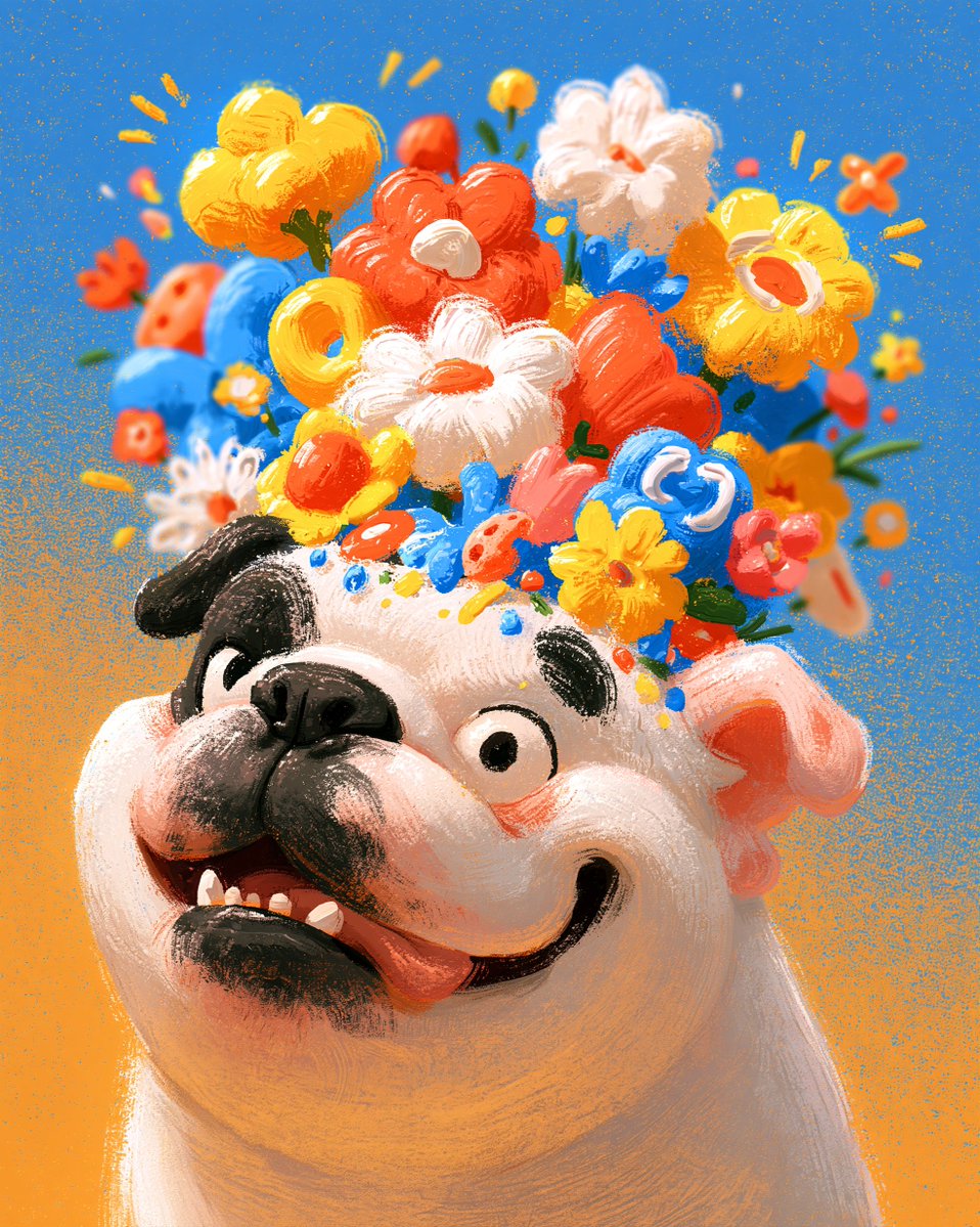 A whimsical, textured painting features a white bulldog's head as the main subj…