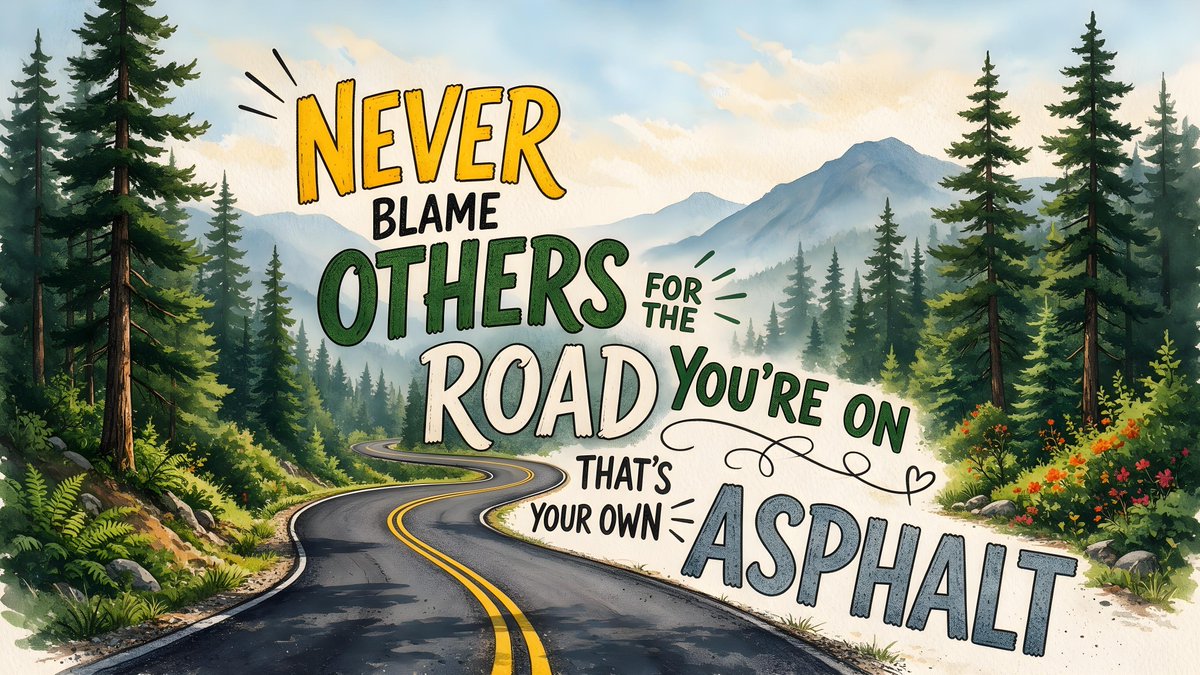A winding road through a forest is depicted, with text overlaid. The text reads…