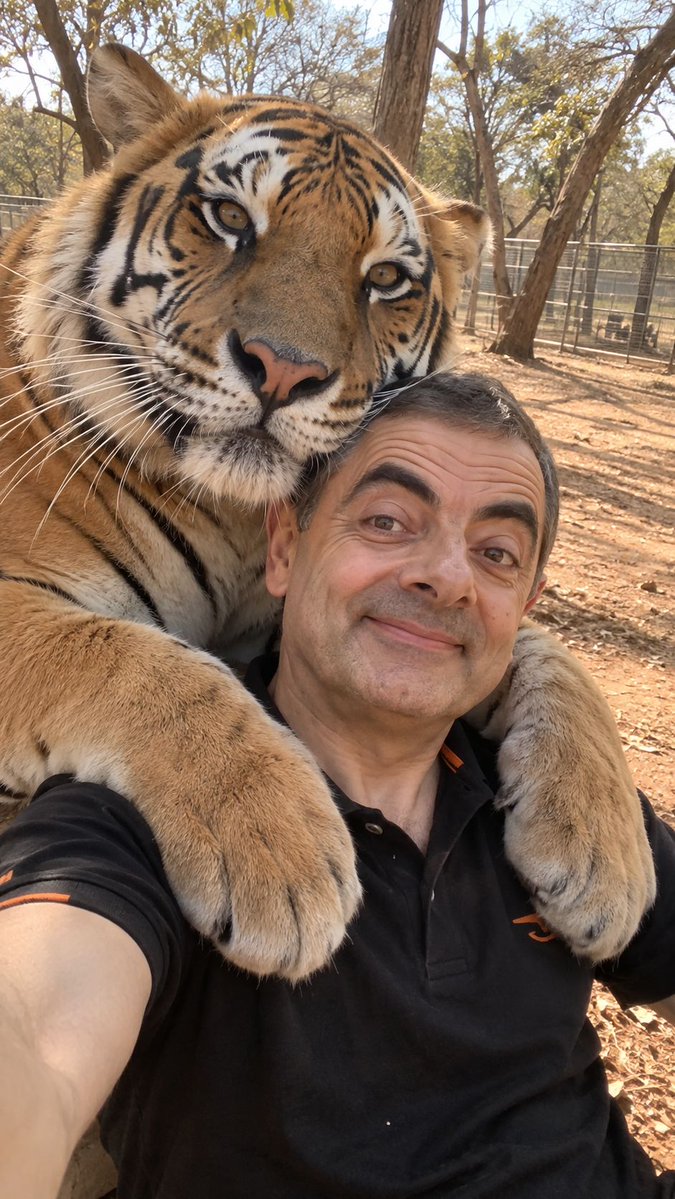 Ultra-realistic candid smartphone selfie at a wildlife park, capturing a sponta…