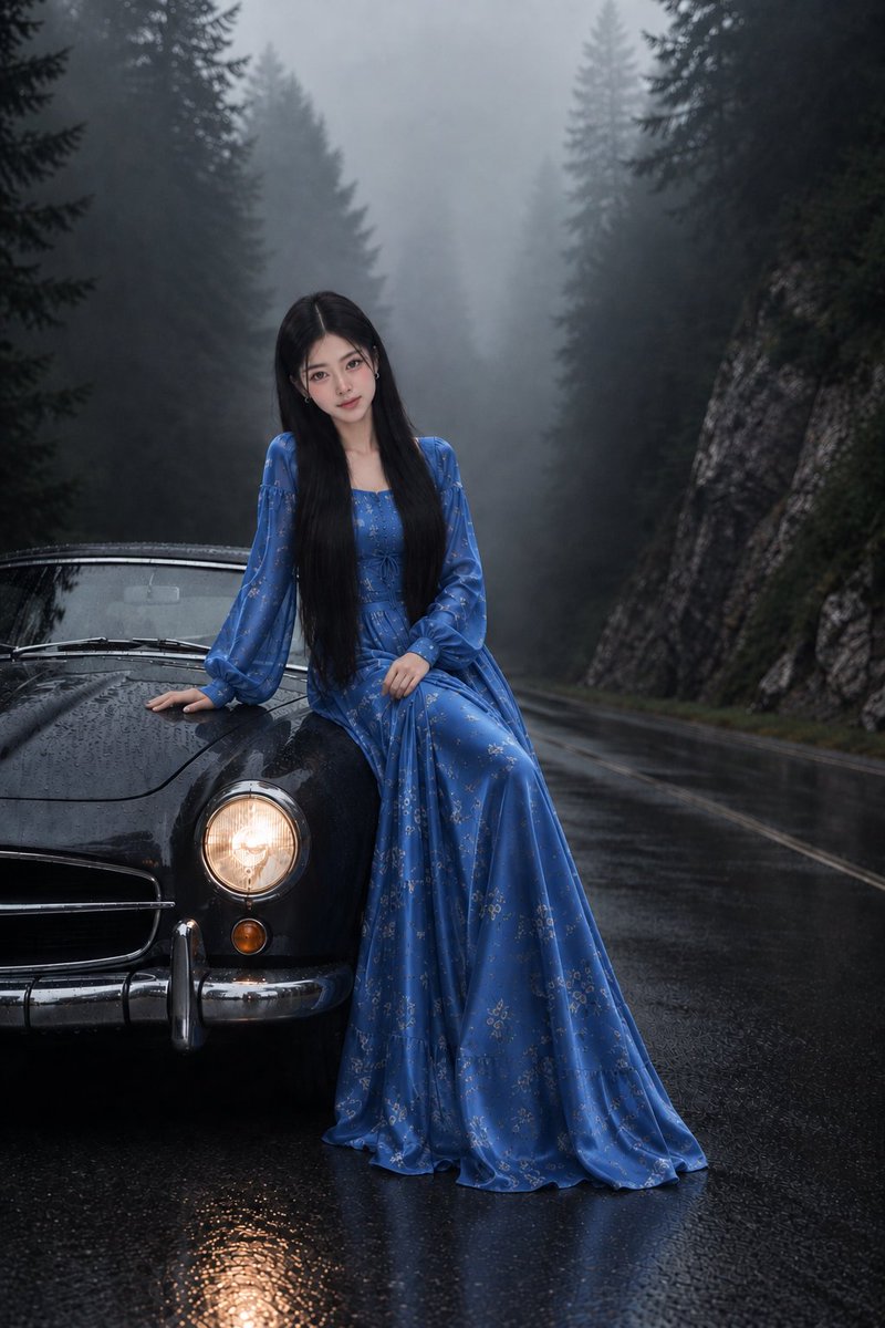 Created a Korean girl with long, straight, jet-black hair sitting gracefully on…