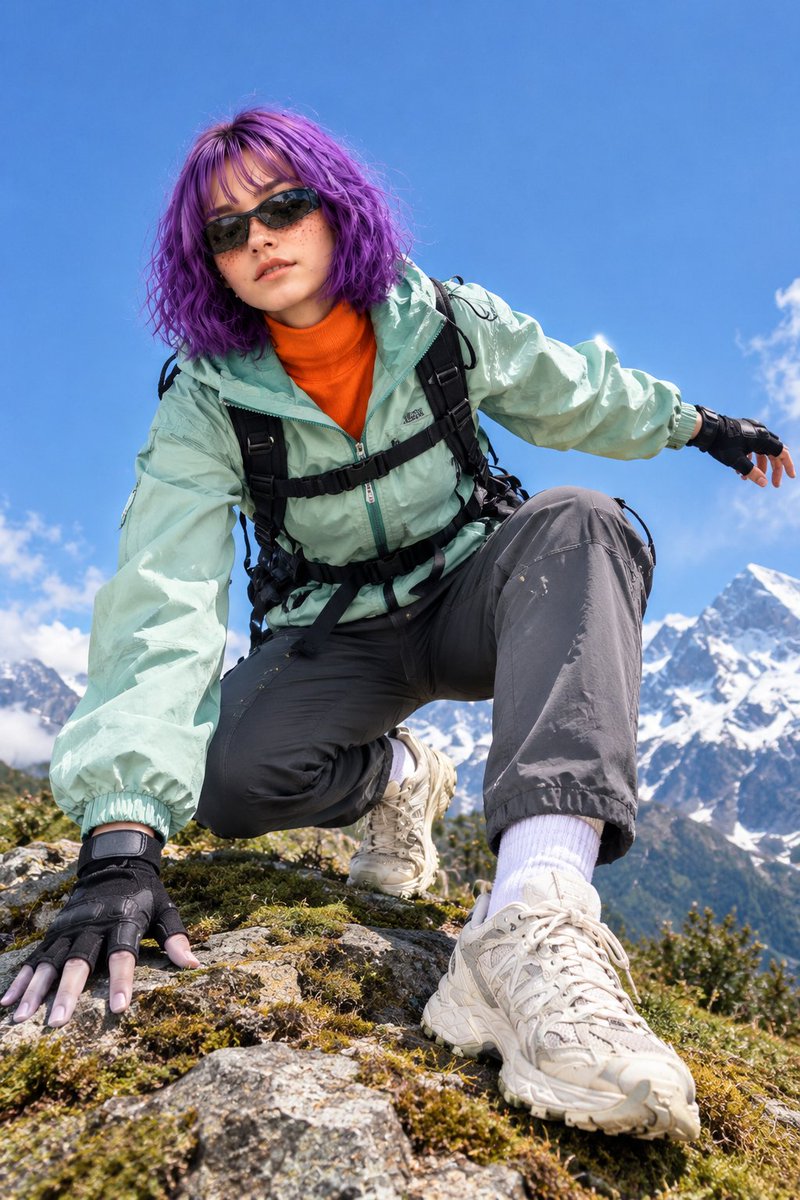 Create a photorealistic cinematic outdoor adventure photograph using the upload…