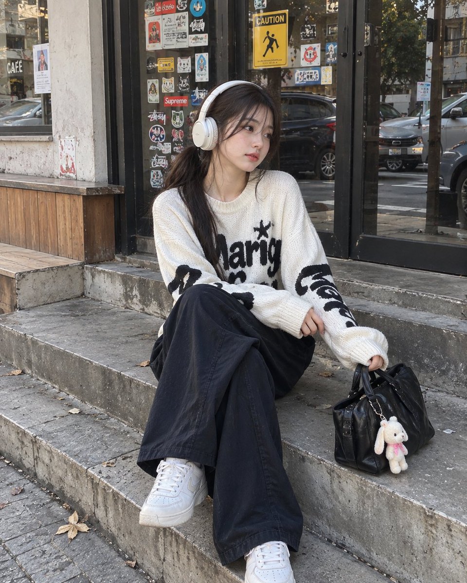 一幅照片般逼真的抓拍街风格肖像：一位年轻女子随意地坐在一家小型都市店铺外的混凝土地台阶上。她留着深色长发，扎成低马尾，脸颊两侧有几缕松散修饰脸…, 图片 1