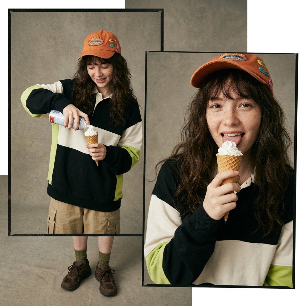 { "type": "retro fashion photo collage", "aspect_ratio": "1:1", "composition": …
