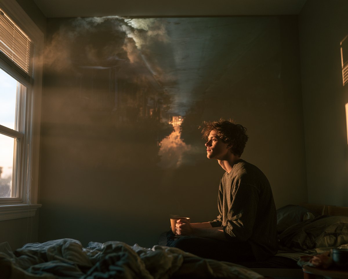 Surreal camera-obscura photograph of a small bedroom just after sunrise, an inv…
