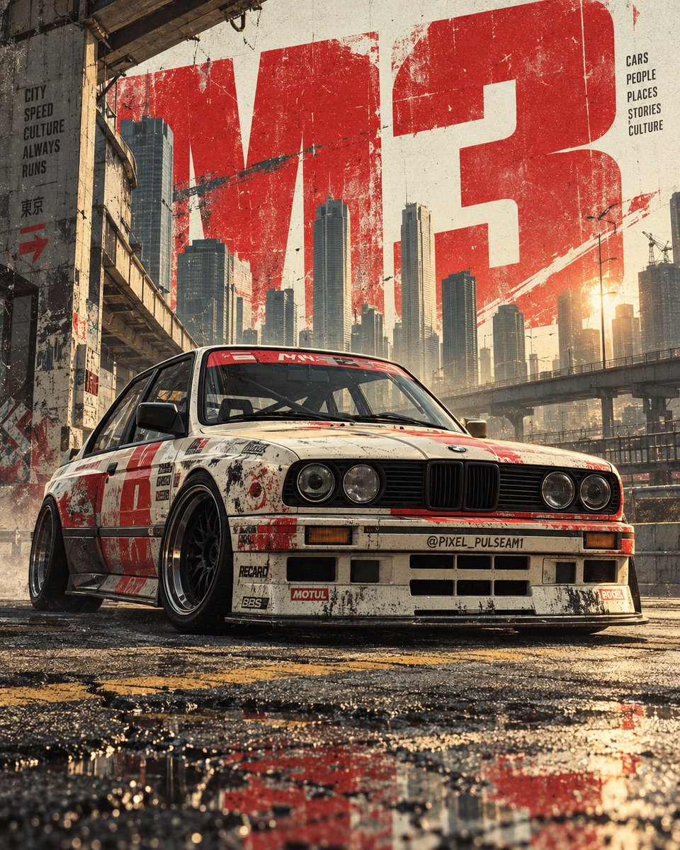 创作一张高端电影感汽车编辑海报,以一辆经典的1980年代 BMW E30 赛车作为主体。视觉风格融合地下街头赛车文化、做旧复古赛车图形、粗野主…, 图片 1