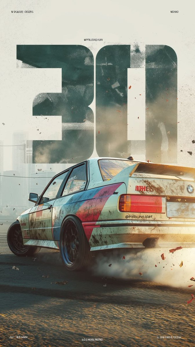 创作一张高端电影感汽车编辑海报,以一辆经典的1980年代 BMW E30 赛车作为主体。视觉风格融合地下街头赛车文化、做旧复古赛车图形、粗野主…, 图片 2