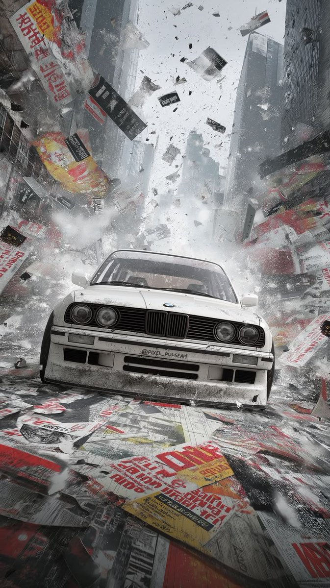创作一张高端电影感汽车编辑海报,以一辆经典的1980年代 BMW E30 赛车作为主体。视觉风格融合地下街头赛车文化、做旧复古赛车图形、粗野主…, 图片 3