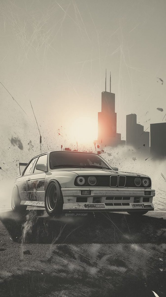 创作一张高端电影感汽车编辑海报,以一辆经典的1980年代 BMW E30 赛车作为主体。视觉风格融合地下街头赛车文化、做旧复古赛车图形、粗野主…, 图片 4