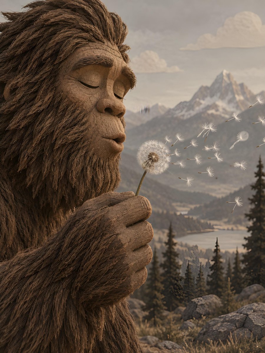 Bigfoot with its eyes closed, blowing on a dandelion. The creature is in the fo…