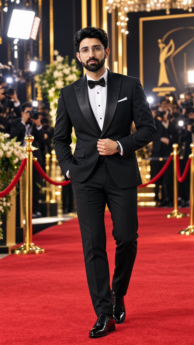 A handsome young man wearing an elegant black tuxedo, standing confidently on a…