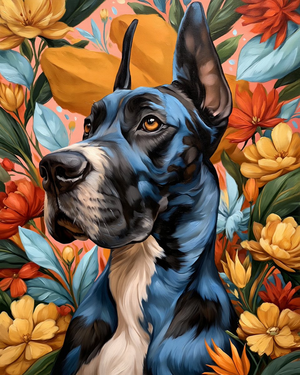 一幅充满活力的油画描绘了一只大丹犬的侧面轮廓,背景是粉色,点缀着五彩缤纷的花卉图案。这只狗以蓝色、黑色和白色的大胆笔触呈现,面朝左侧,双耳竖起…, 图片 1