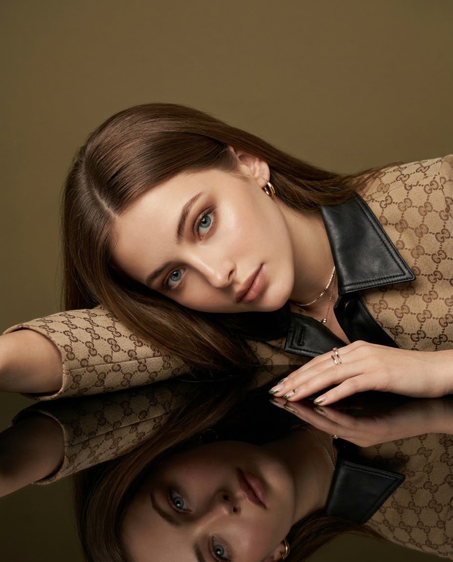 Create a hyper-realistic cinematic fashion portrait of a young adult woman lyin…