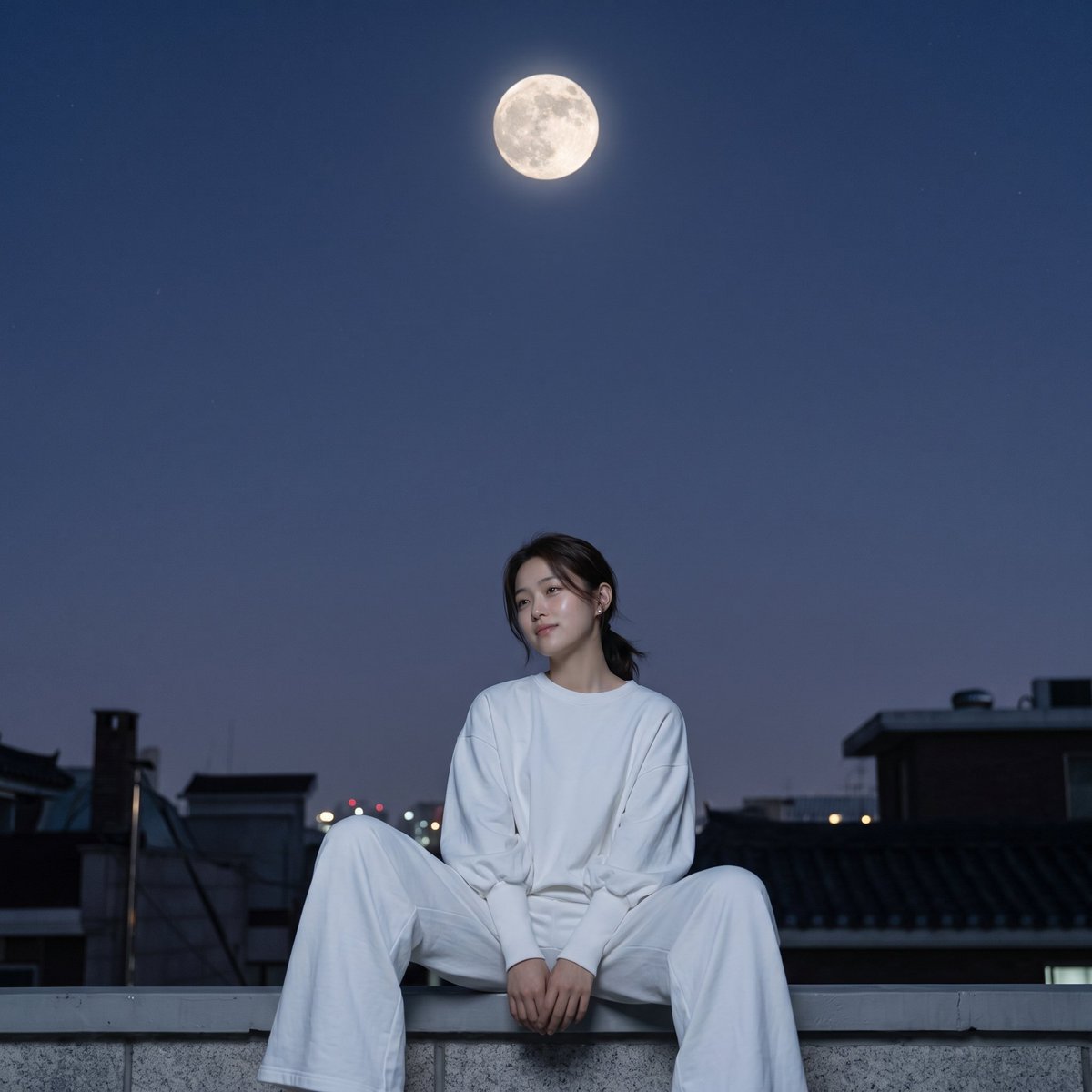 A silent white crest adrift on rooftop stone, tethered to the calm gravity of a…