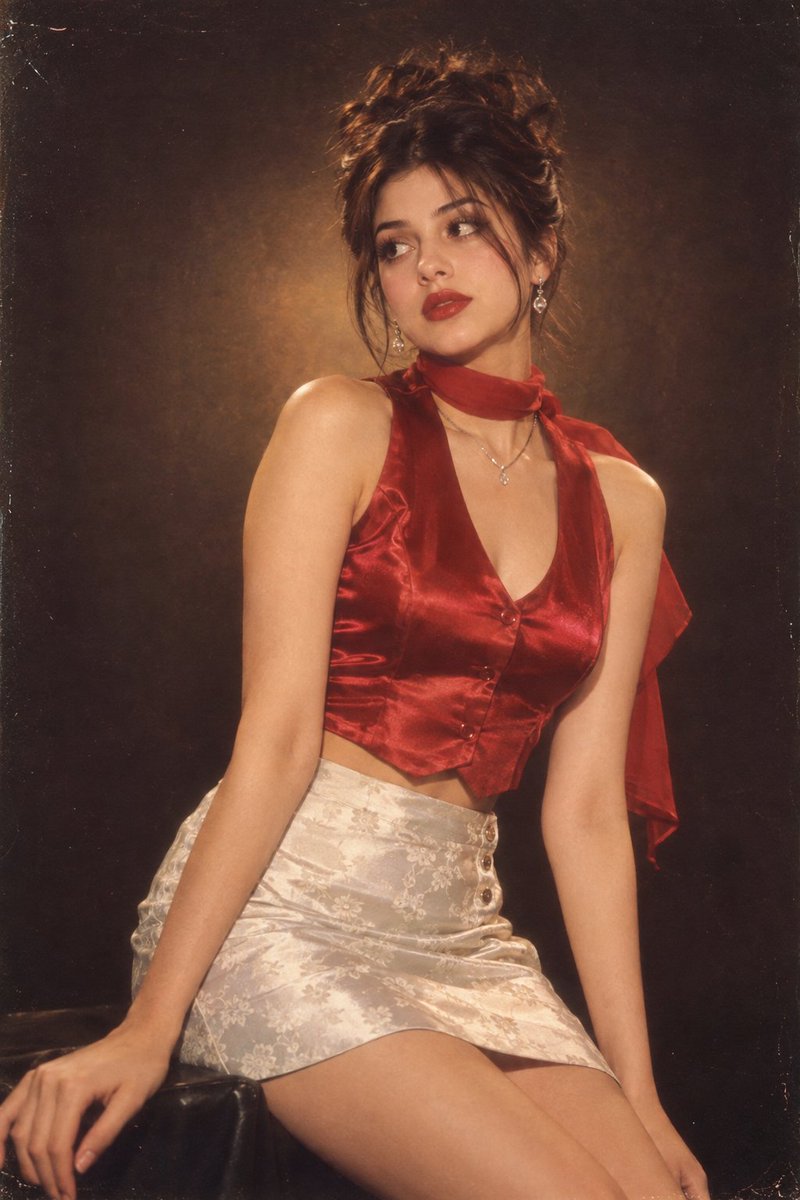 一张1990年代复古风格的影棚人像照,照片中的年轻女子留着精致的盘发发型,几缕发丝柔和地垂在脸旁。她身穿一件无袖、饱和红色的缎面背心式短款上衣…, 图片 1