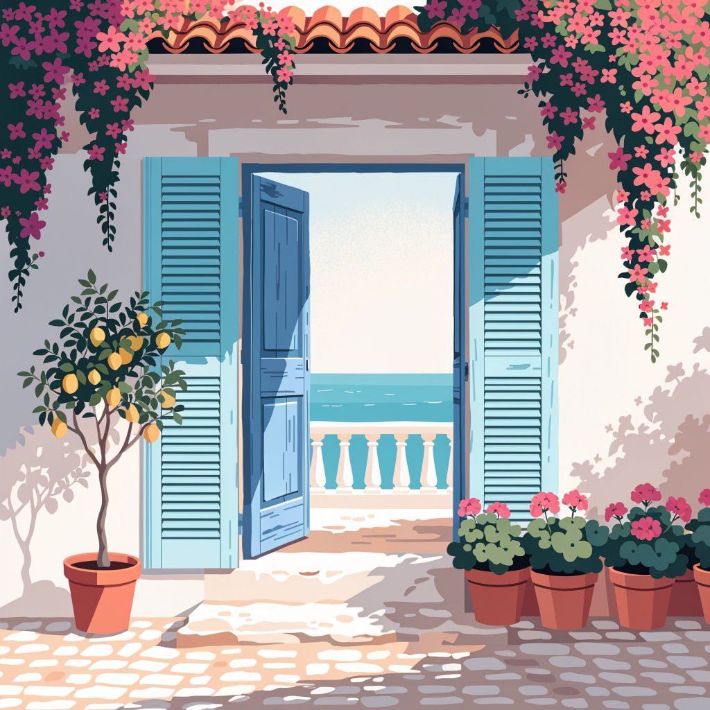 Pastel Riviera Flat Illustration You are a platform-neutral image-prompt writer…