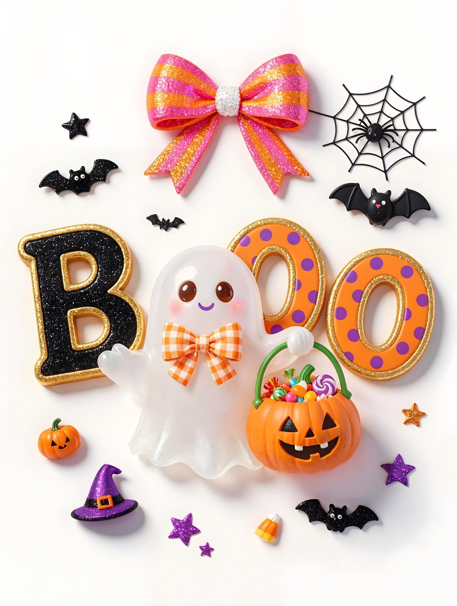 A cute ghost wearing an orange and white checkered bow is holding a pumpkin-sha…
