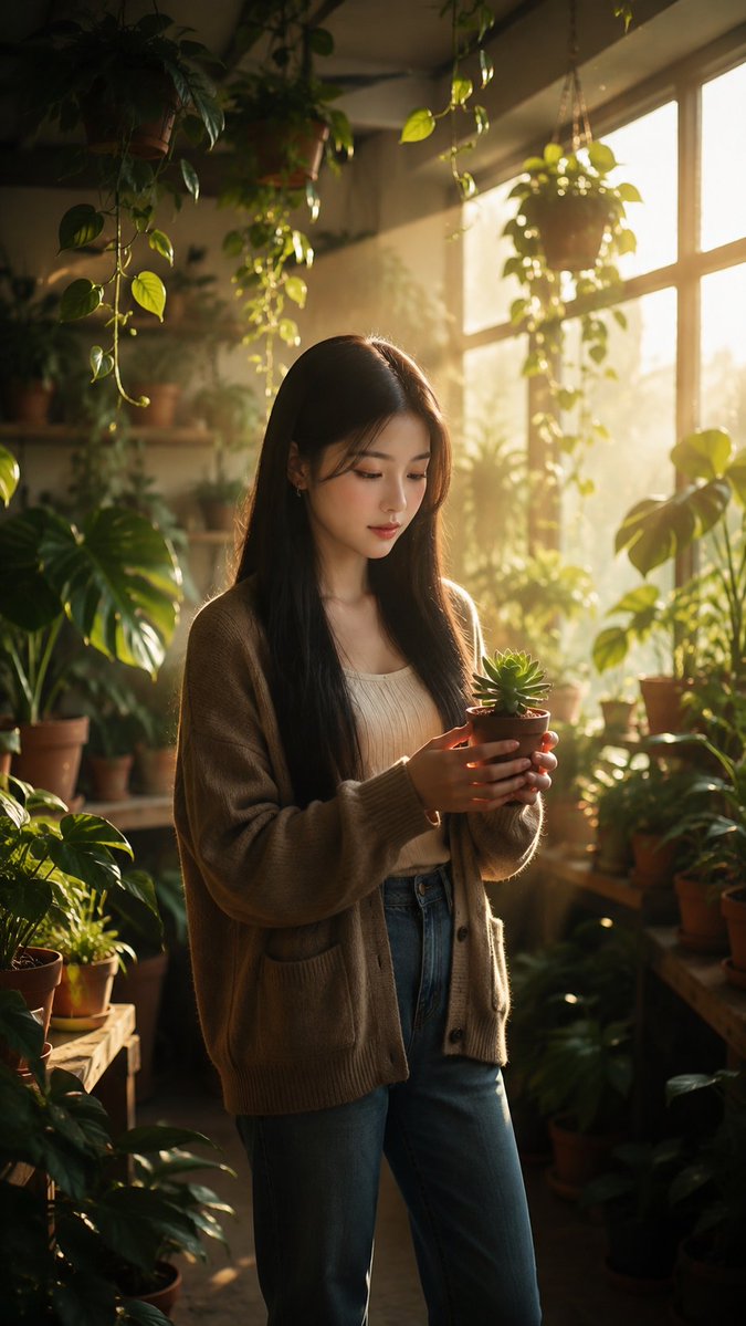 创建一个超写实的竖版 9:16 人像肖像，照片中一位年轻女子站在一座美丽的室内温室里，温室内摆满了郁郁葱葱的绿色植物、悬挂的藤蔓、赤陶花盆和木…, 图片 1
