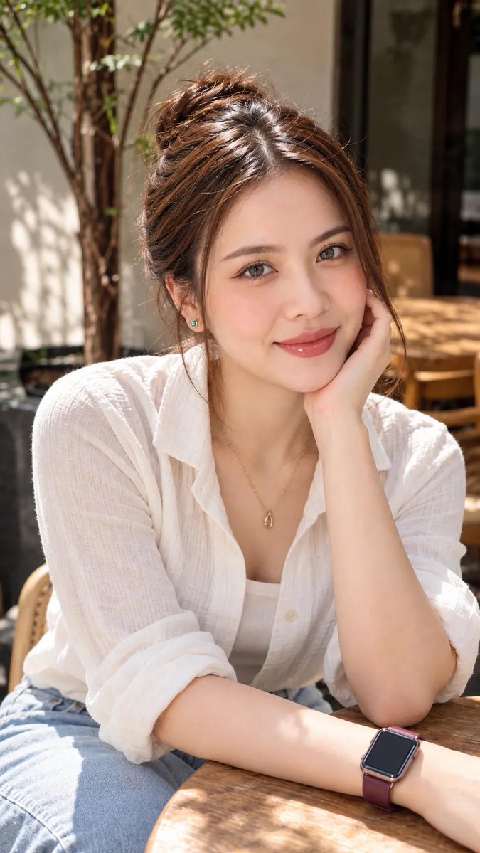 一张高分辨率、照片写实风格的平视人像肖像，主体是一位年轻东亚女性，妆容自然柔和，皮肤有光泽感，带有淡淡的腮红和光泽感的粉色唇彩，她坐在户外咖啡…, 图片 1