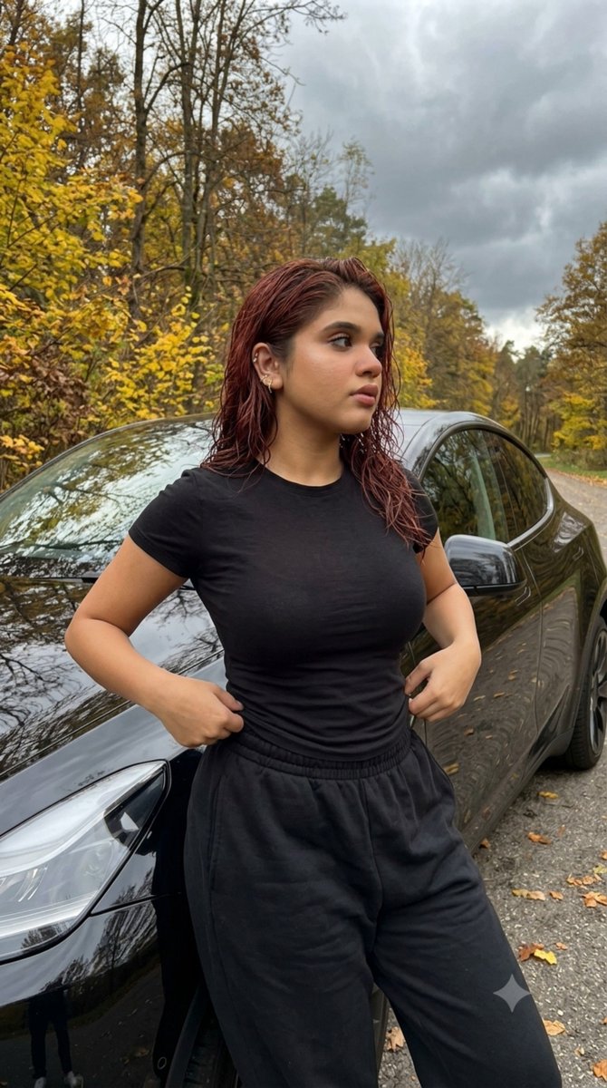 Cloudy skies and quiet road trips. **PROMPT** Amateur girl from the photo (pres…