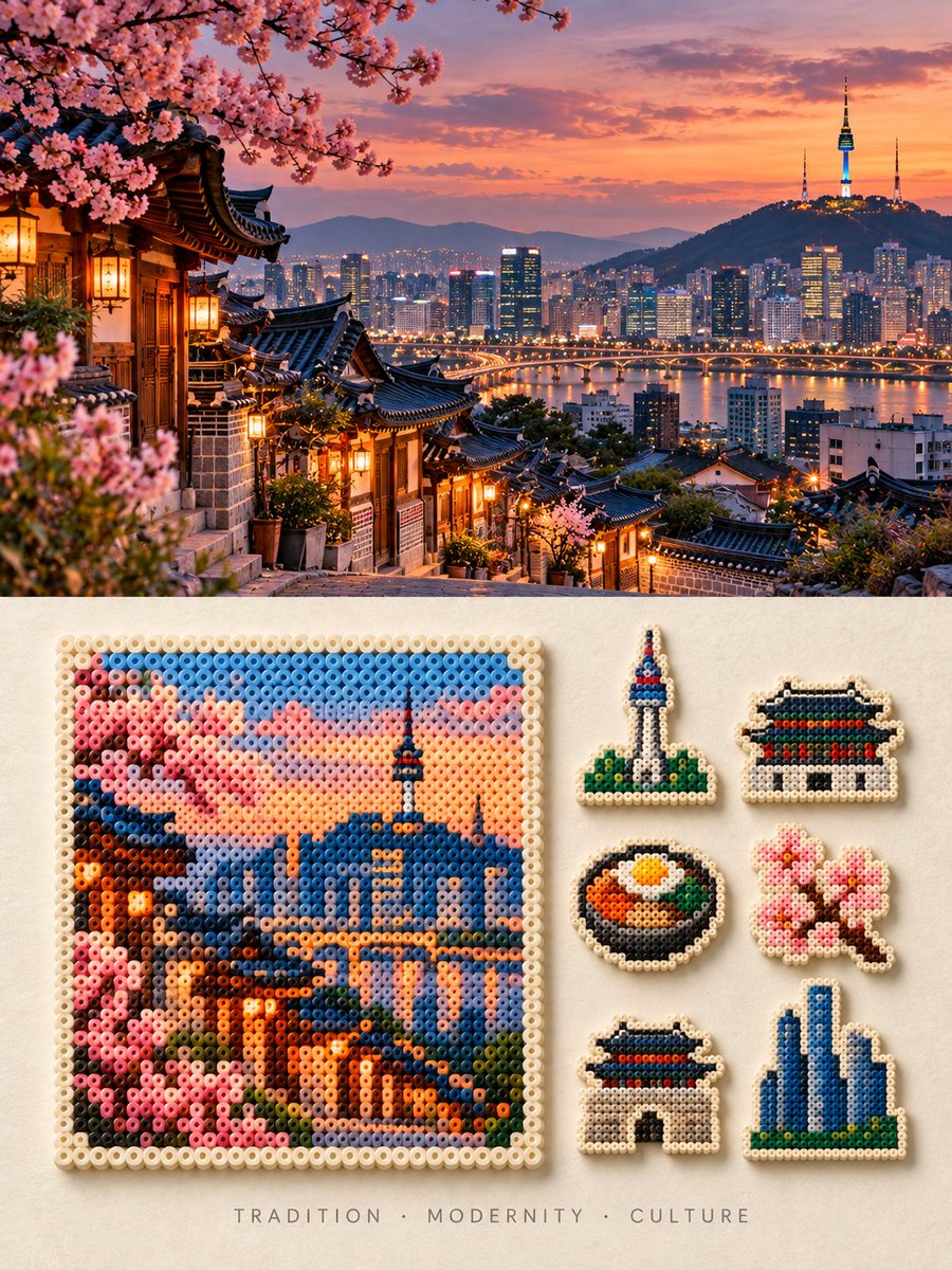 为 [国家 / 地点 / 主题] 创作一幅高端 3:4 竖版 Perler 拼豆旅行编辑风格艺术作品。, 图片 2