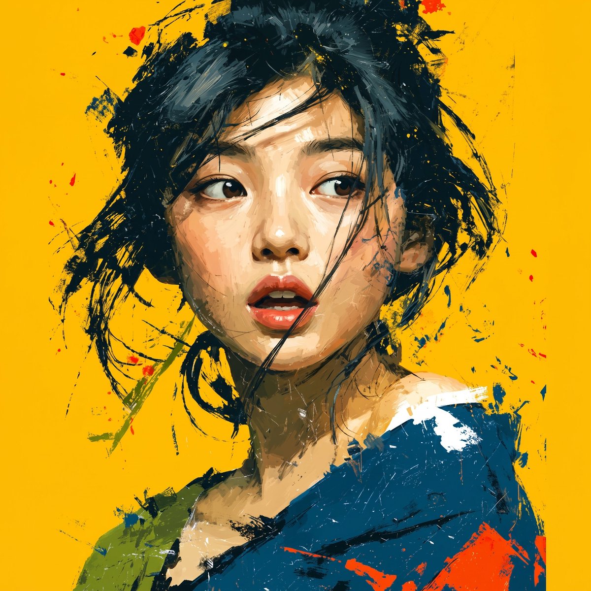 Carved from sudden silence and raw pigment, she carried a question her lips ref…