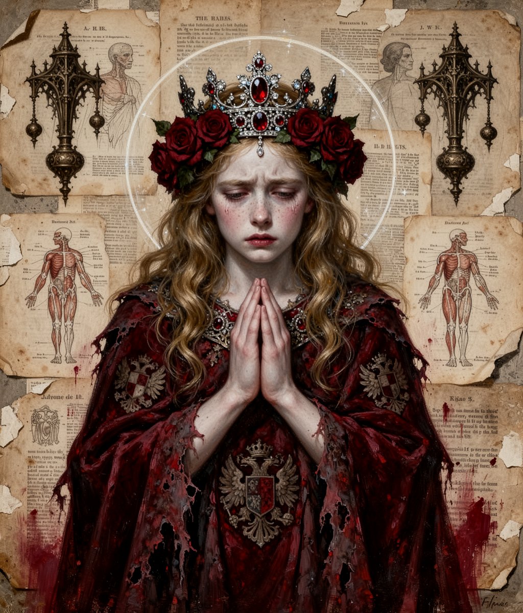 Dark fantasy mixed-media oil painting and vintage paper collage portrait of a s…