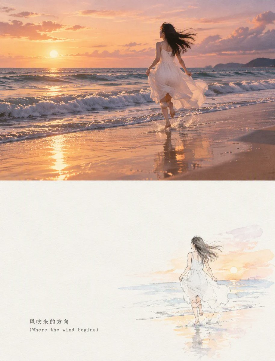 ### 🌟 3:4 竖幅双分海报：海边黄昏与逐浪少女[💡 核心构图与规格]- 画布比例：竖幅 3:4 海报- 版面分割：画面上下精确 50…, 图片 1
