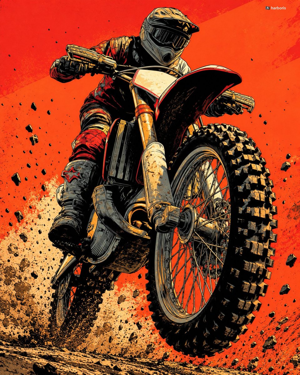 Create a high-impact vertical editorial illustration of a motocross rider perfo…