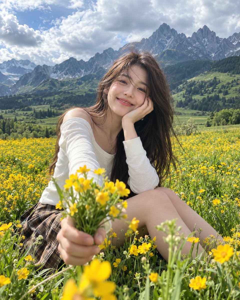 A photorealistic cinematic portrait of a young woman sitting in a vibrant field…