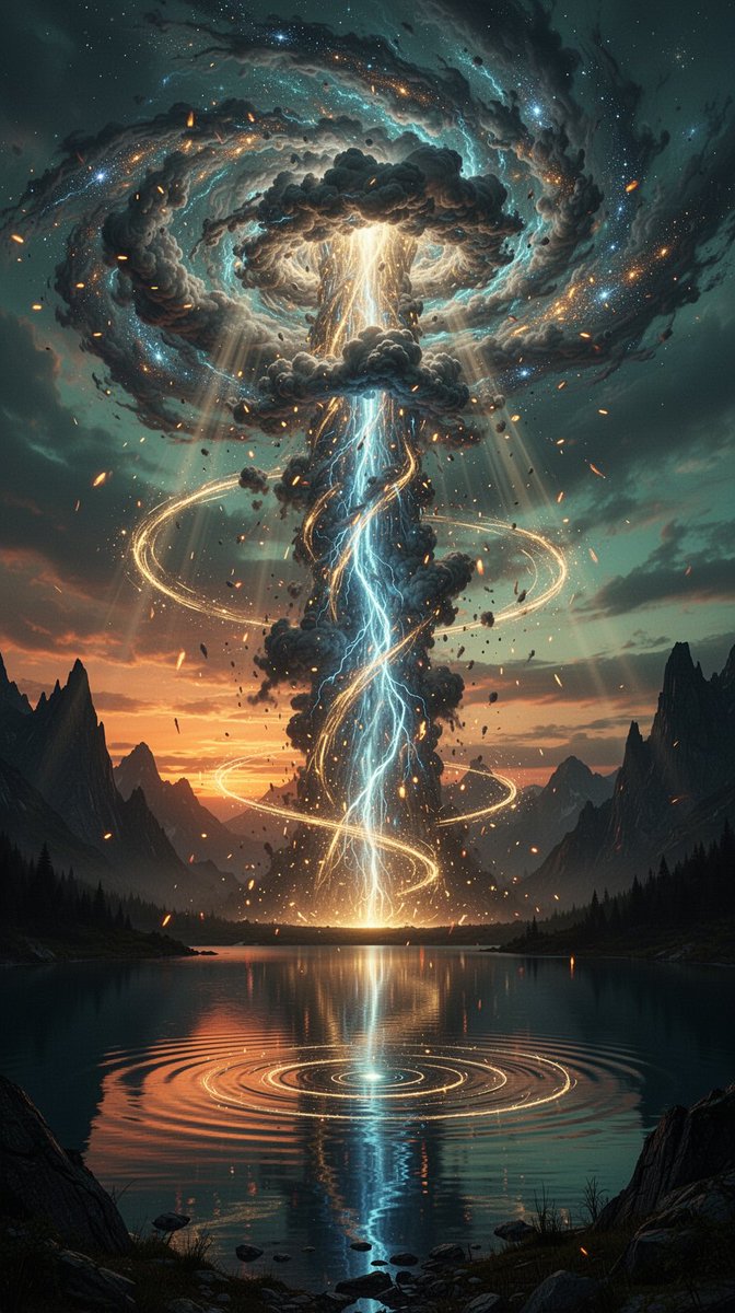 "史诗级电影感竖版壁纸:日落时分,巨大的螺旋状宇宙爆炸,暴风云与星辰尘埃在宁静的高山湖泊之上翻腾升腾;一道高耸的垂直光柱由电蓝色光与金色能量组…, 图片 1
