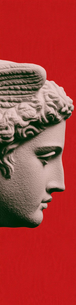 "Track cover. Red background. One angels head or antique sculptur,In the center…
