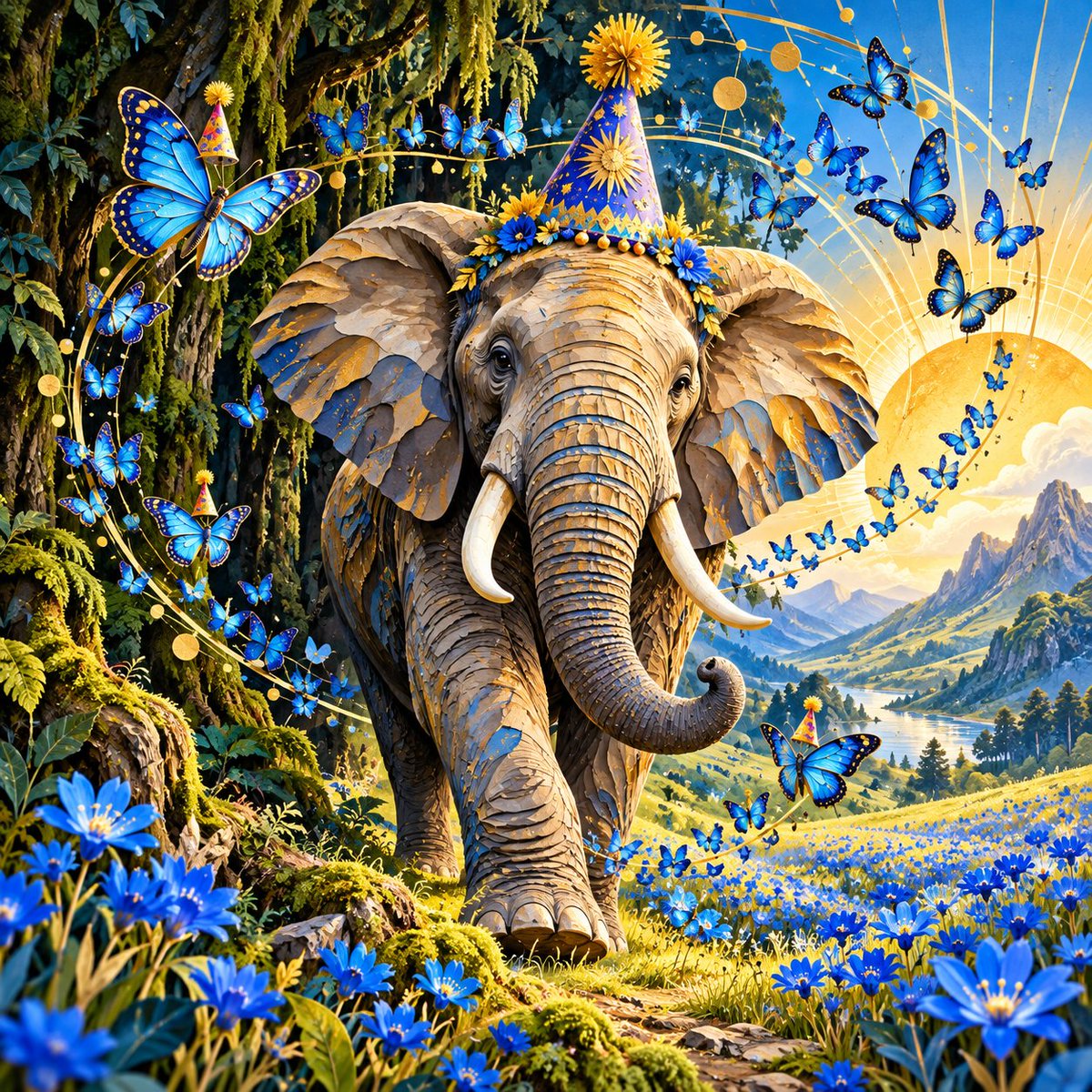 🎨 👇 一只平静的大象从长满苔藓的远古森林中走出,踏入一片意想不到的、电光蓝色野花盛开的草地,蝴蝶发出柔和的光,在它周围形成流动的几何气流…, 图片 1