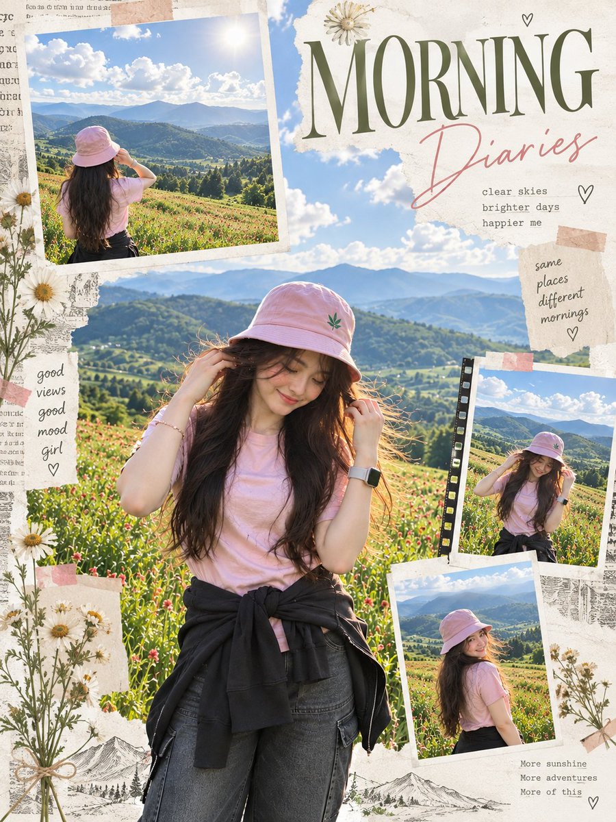 Create a high-end morning editorial scrapbook poster from the uploaded photo. T…