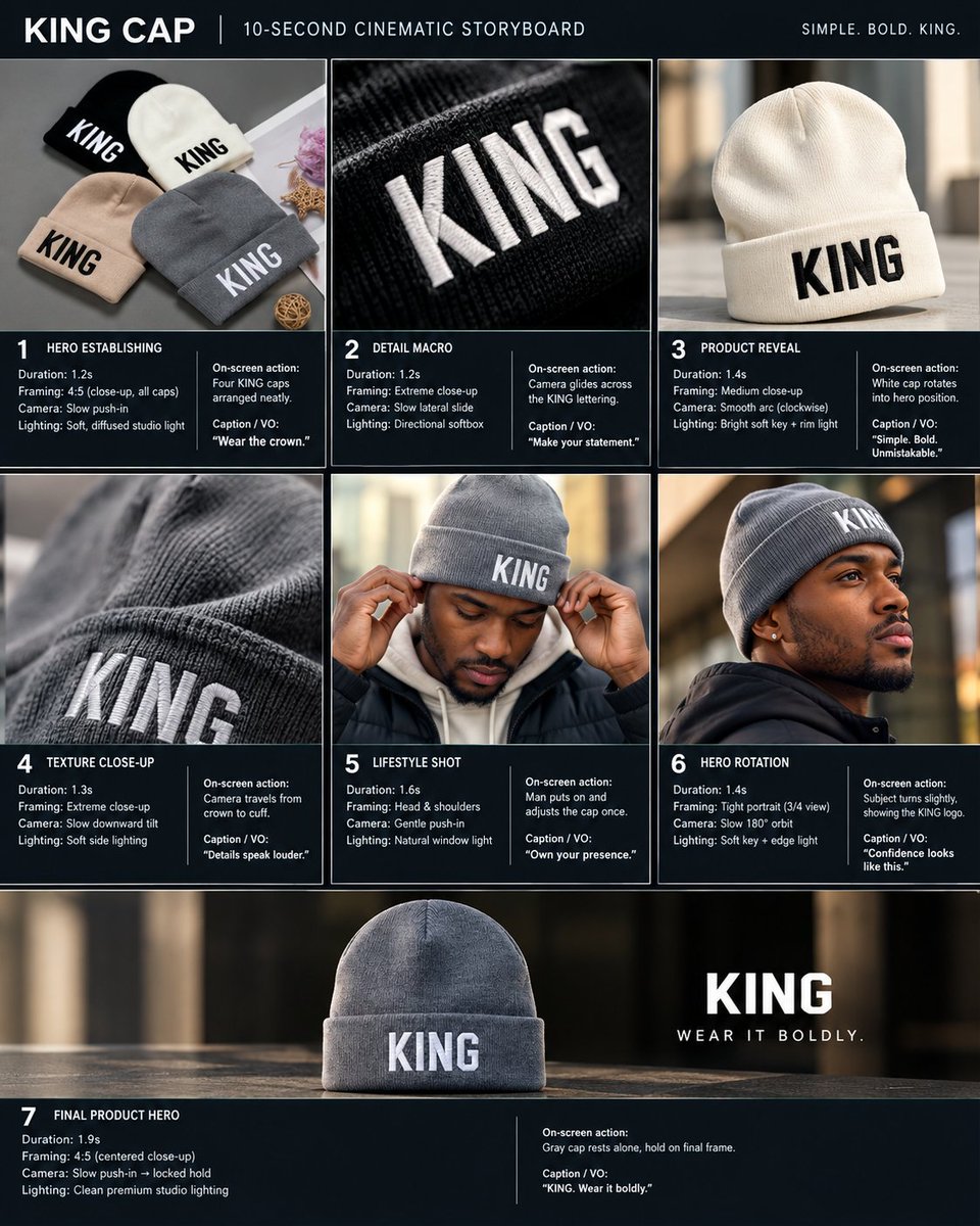 "Animate the provided storyboard into a 10-second cinematic headwear commercial…