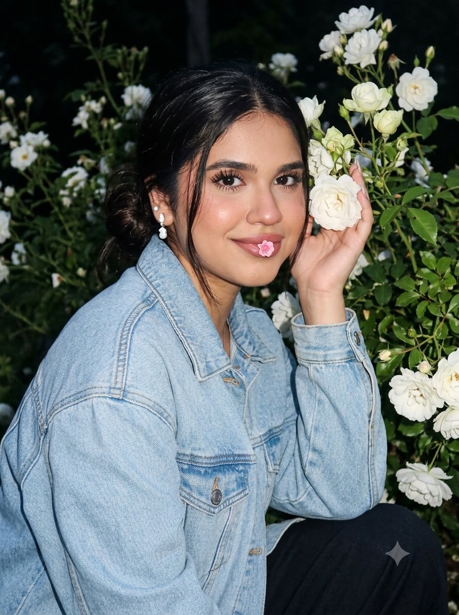 Found the prettiest white roses tonight. **Prompt** Create a portrait without c…