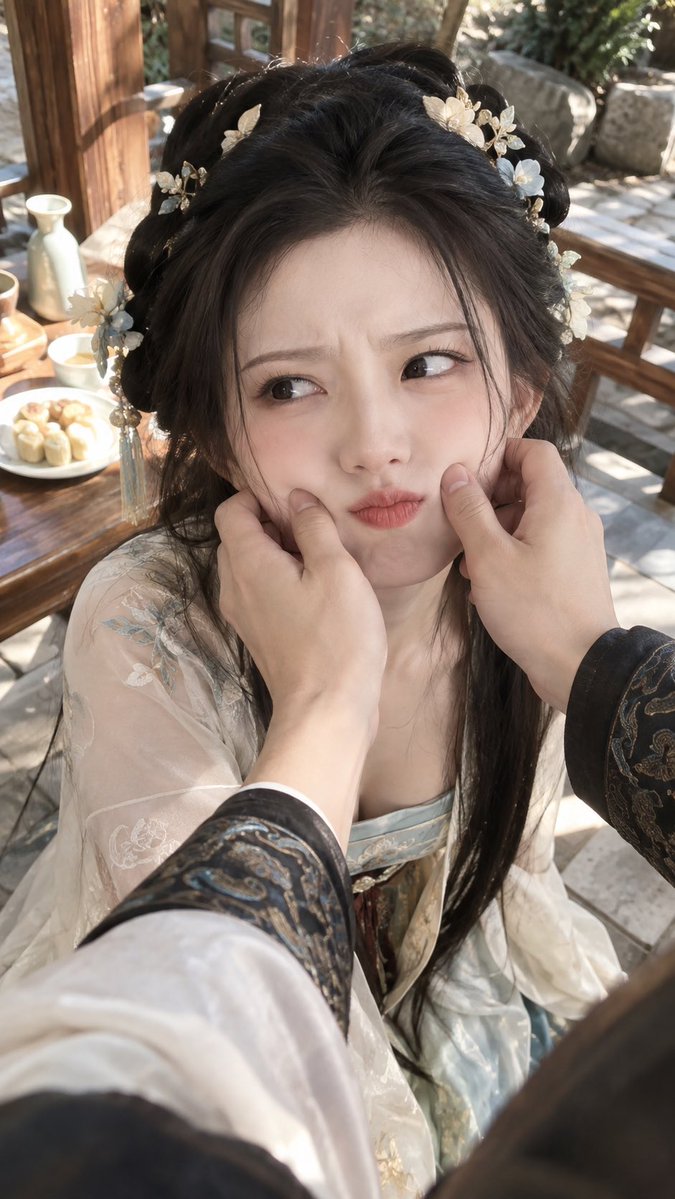 娇嗔(微蹙眉、轻抿唇、带一点恼意的撒娇神态) × 【事件】 × 宋式美学 × iPhone抓拍 https://t.co/uylxaigsJm, 图片 1
