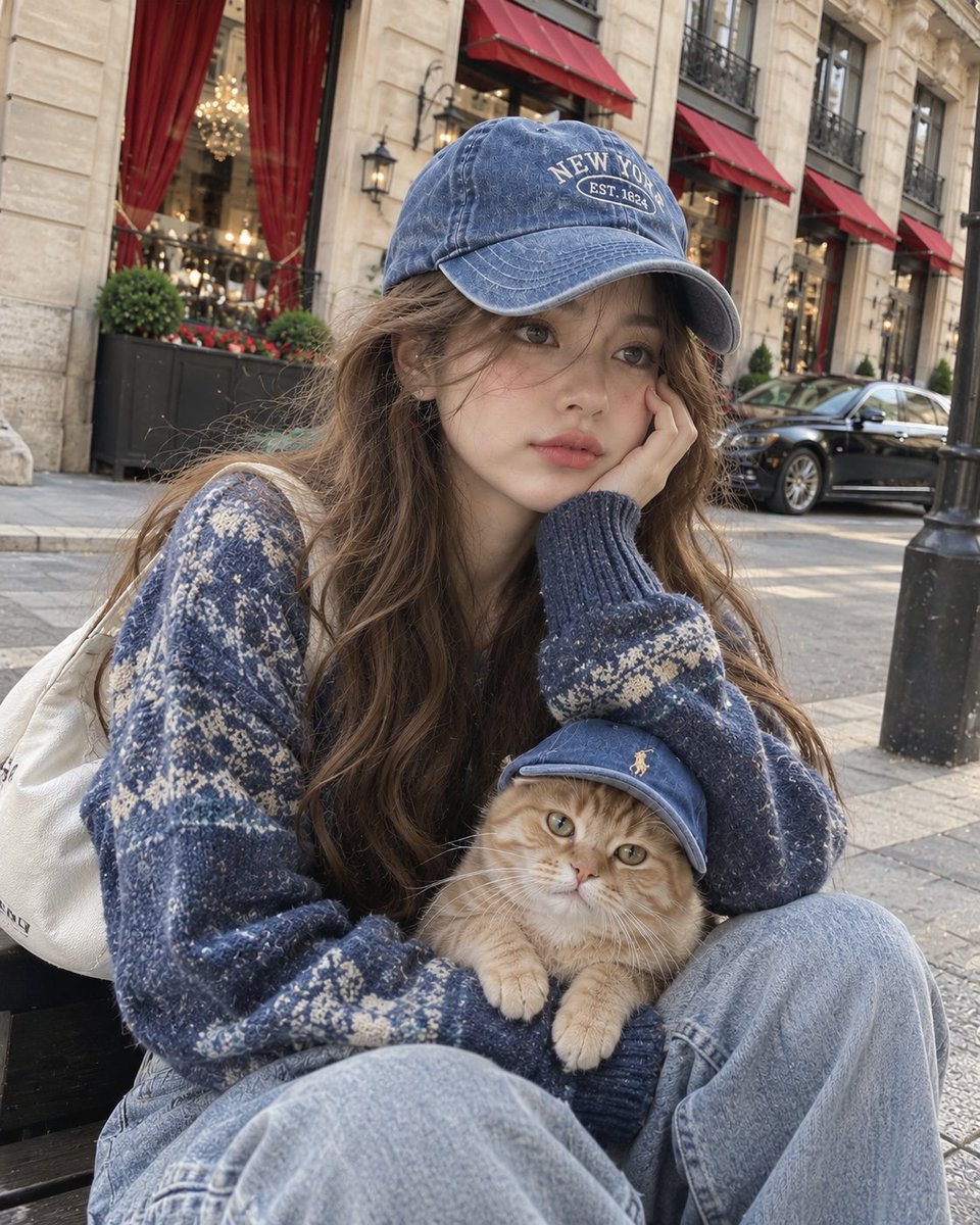 一张真实的特写街头自拍照,照片中是一位年轻女性,留着长长的波浪状浅棕色头发,妆容自然柔和,头戴一顶复古的蓝色牛仔棒球帽,身穿一件舒适的蓝色图案…, 图片 1