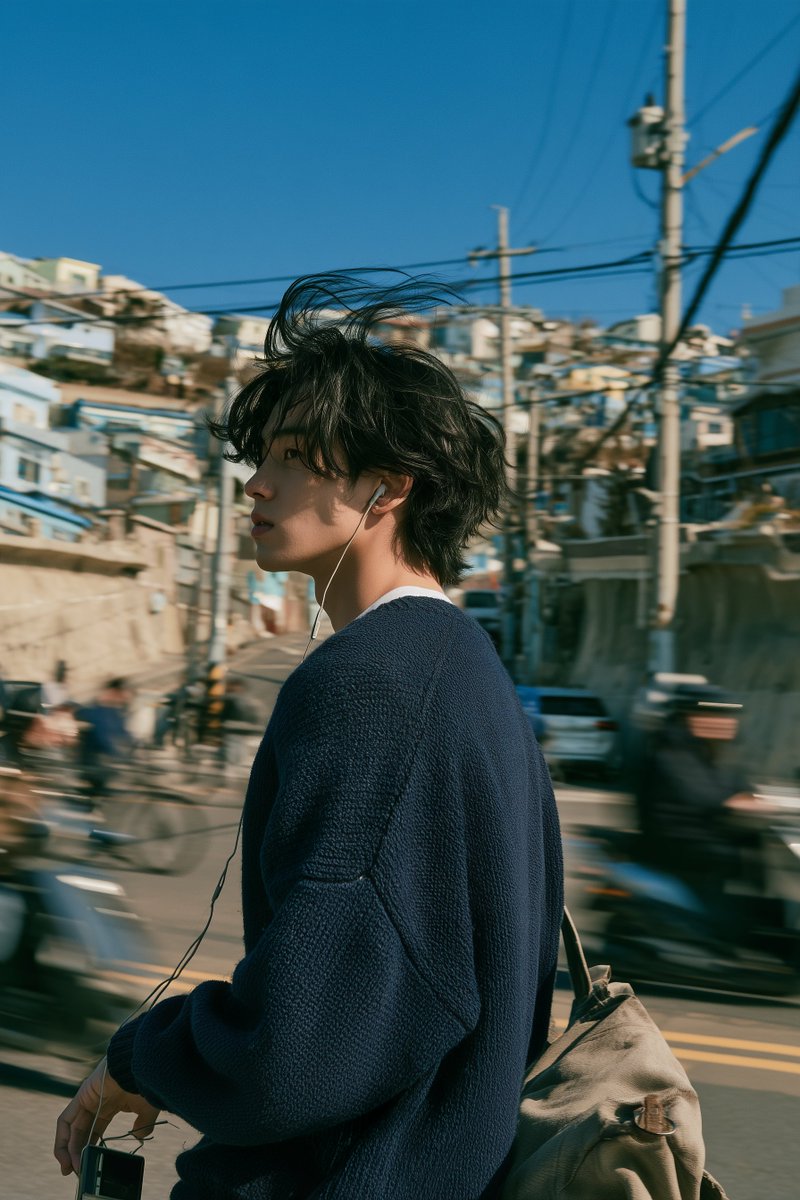 Cinematic low-angle wide shot of a young East Asian man standing several meters…