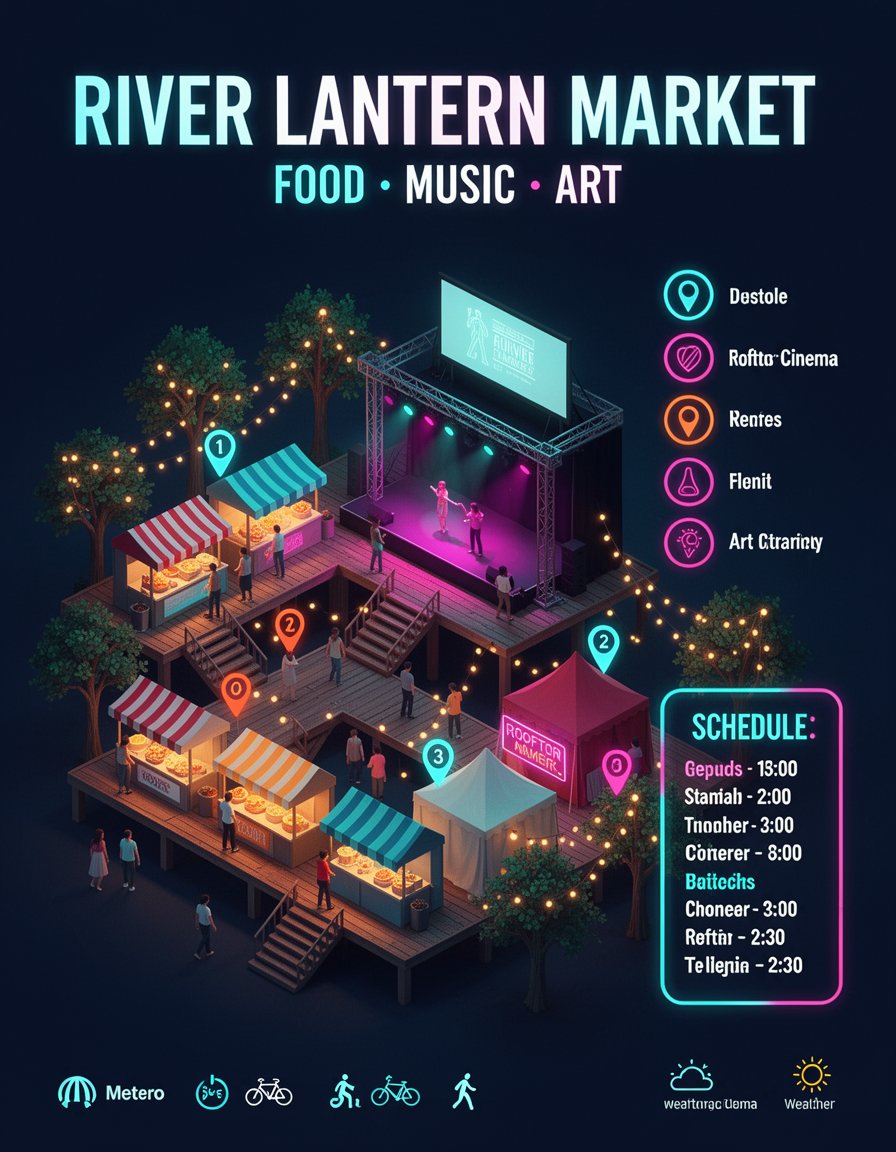 Isometric vector illustration event poster, dark navy background, bold white ti…