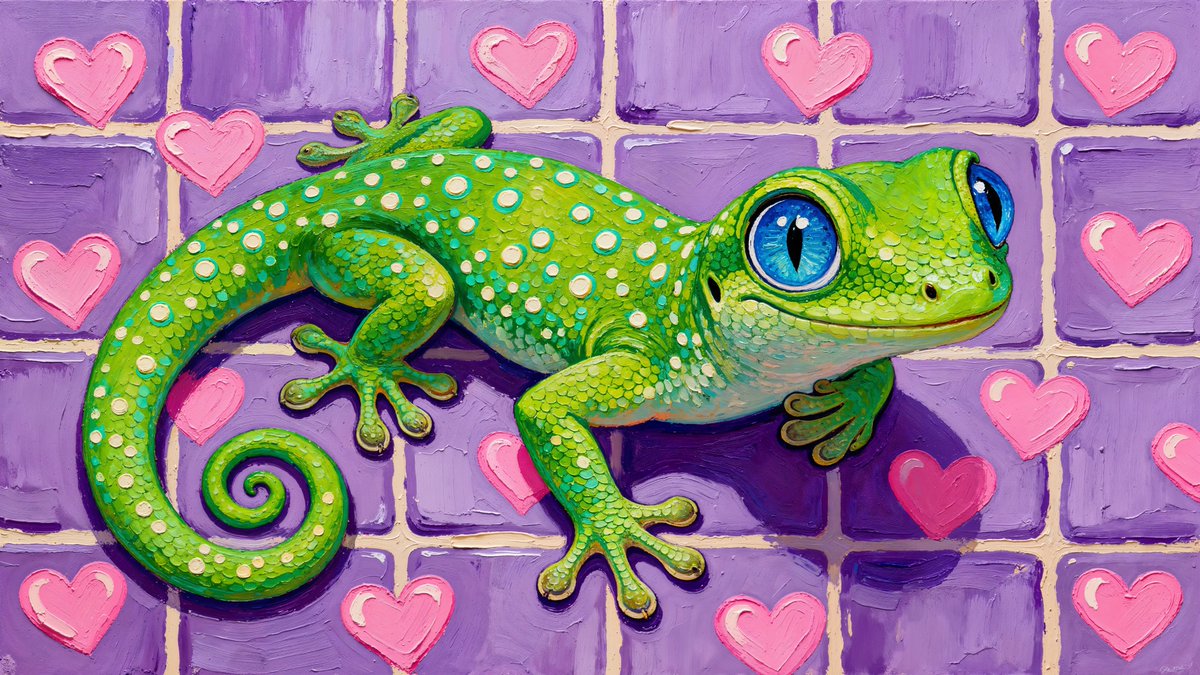 A vibrant, textured painting depicts a bright green gecko with white polka dots…
