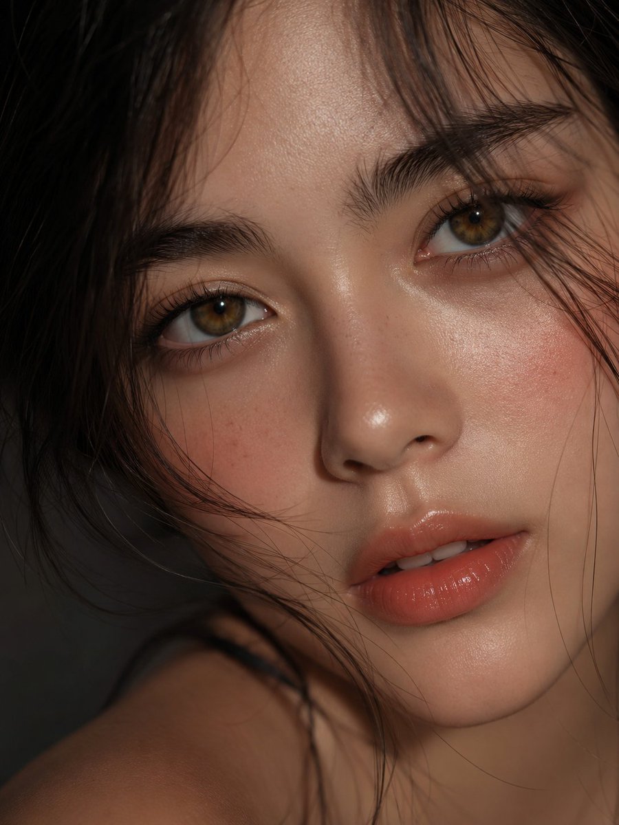 极端特写肖像美妆摄影,年轻女性,温暖琥珀棕色眼眸,水润发光肌肤并带有细腻自然雀斑,柔和玫瑰色腮红,光泽蜜桃色唇彩,深色细碎发丝垂落面颊。柔和影…, 图片 1