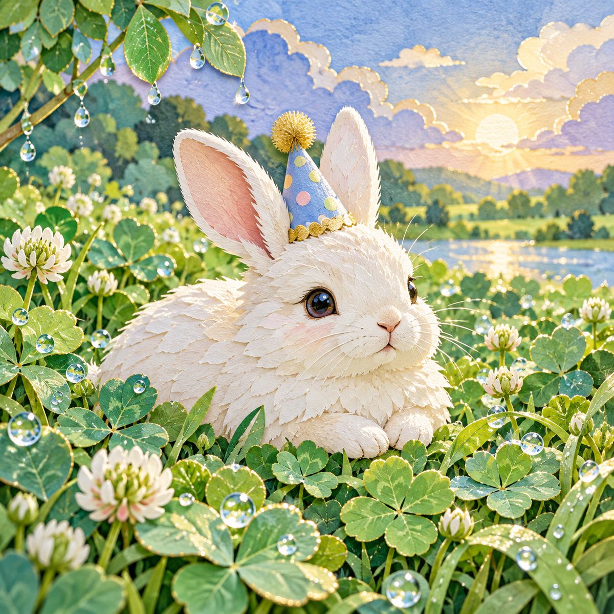A small white rabbit resting in rain-bright clover as the last drops sparkle ar…