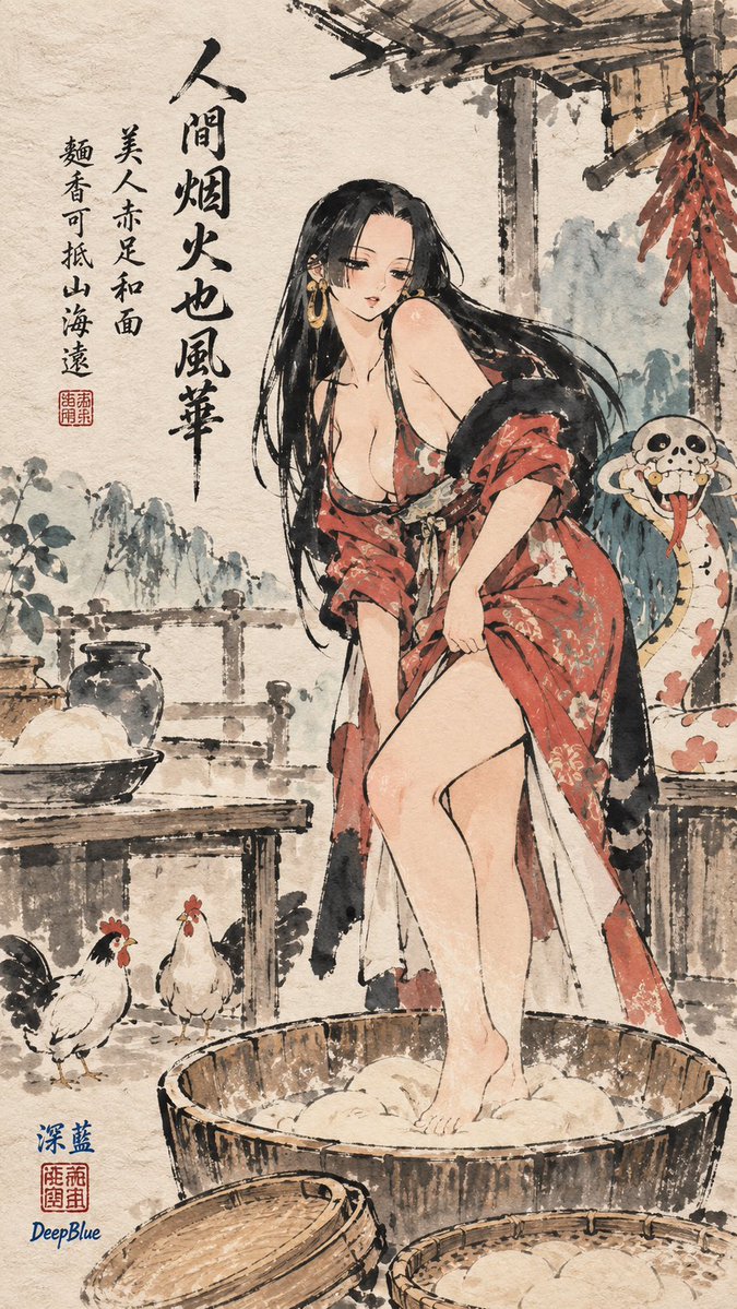 豐子愷水墨漫畫 × 【主題】 × 題詩落款 × 宣紙肌理 × 左下深藍色篆刻方印：「深藍」上、「DeepBlue」下 https://t.co…, 图片 1