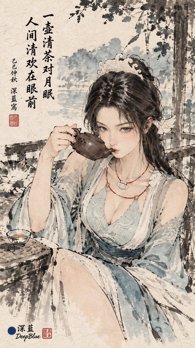 豐子愷水墨漫畫 × 【主題】 × 題詩落款 × 宣紙肌理 × 左下深藍色篆刻方印：「深藍」上、「DeepBlue」下 https://t.co…, 图片 2
