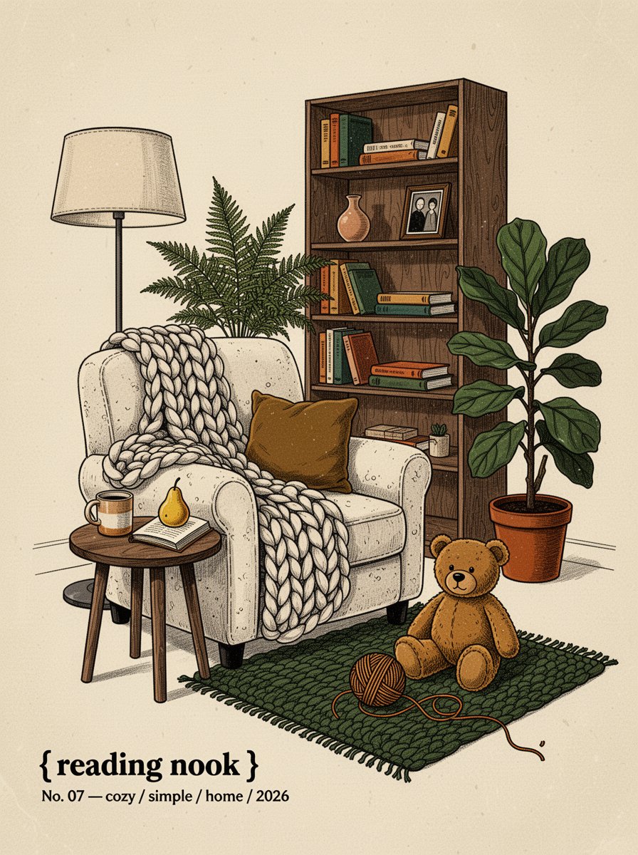 手绘复古孔版印刷(riso-print)风格插画海报,画面是一个舒适的阅读角:一张超大号米白色圈绒(boucle)扶手椅上堆叠着粗针针织毯和一…, 图片 1