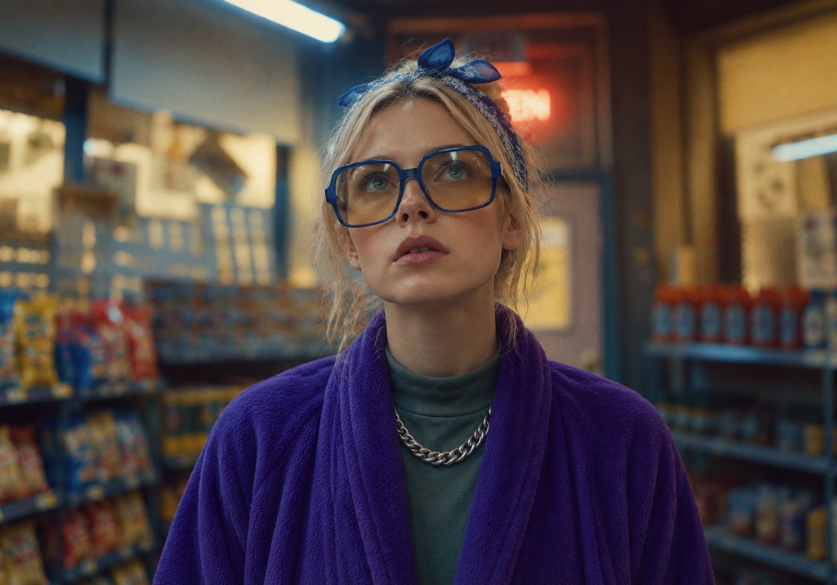 A cinematic commercial comedy film still of a beautiful young blonde woman in h…